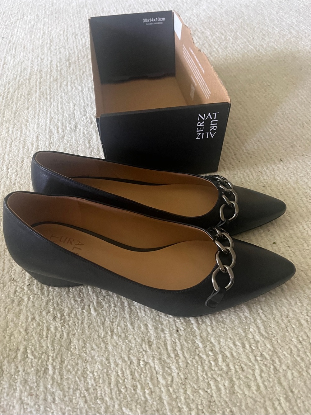 Naturalizer Navy Pointed Toe Flats with Silver Chain Accent